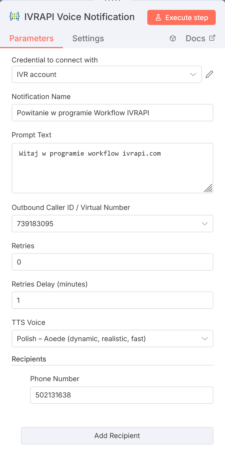 Wygląd komponentu (node) Voice Notification