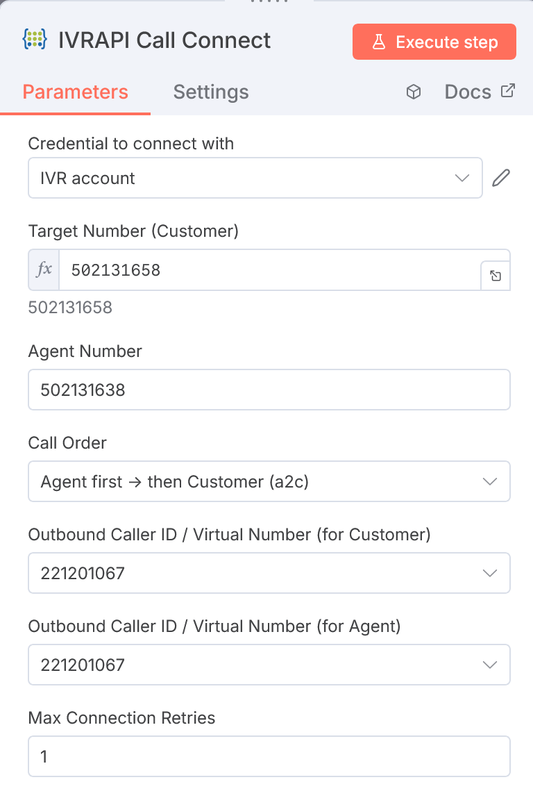 Komponent (node) Call Connect